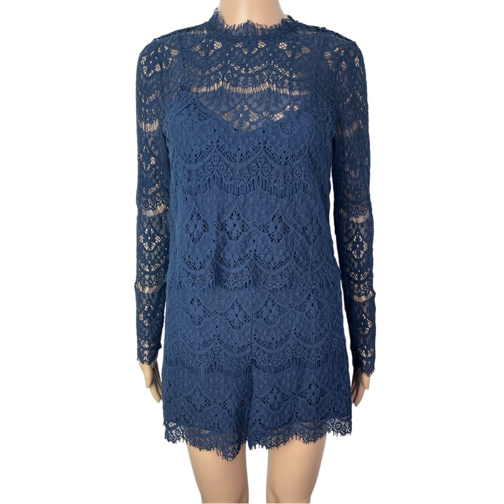Revolve x Saylor Long Sleeve Layered Navy Blue Lace Romper